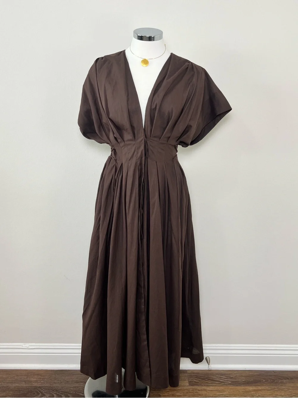 NWT Zara Brown Cotton Poplin Puff Sleeve Midi Dress Size M Pockets - Picture 8 of 12